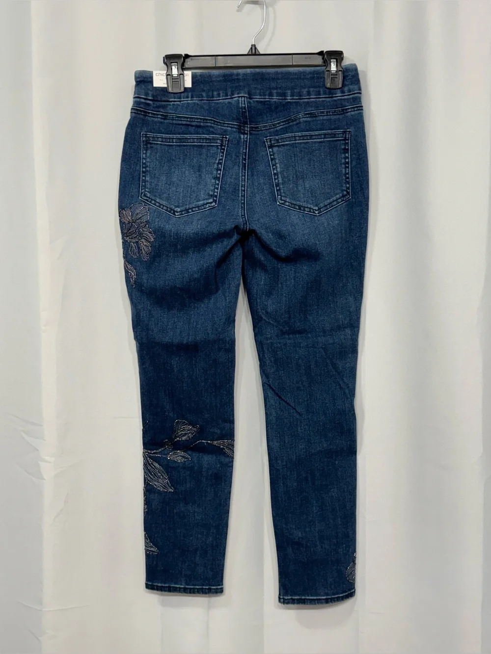 Chico’s Women’s Blue Embroidered Pull On Stretch Comfort Ankle Denim Jeggings 4R